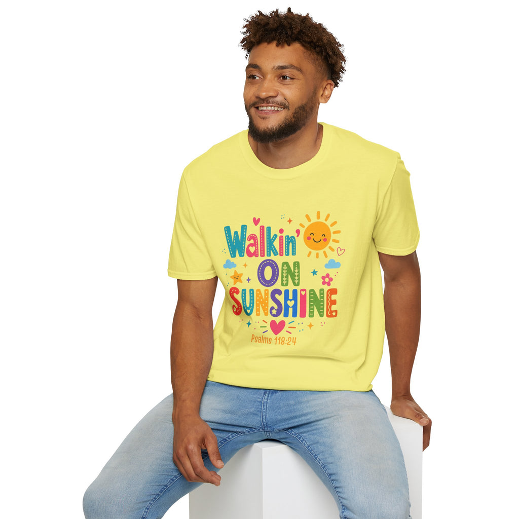 T-Shirt — "Walkin' on Sunshine" Bright Retro Sun Graphic Tee ‭‭Psalms‬ ‭118‬:‭24‬ ‭