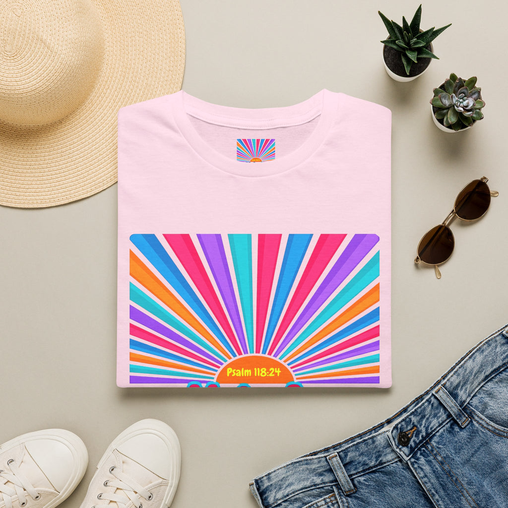 Walkin' On Sunshine Lords Glory with Lori Psalm 118:24 Retro T-Shirt — 70s Rainbow Sun Graphic Tee