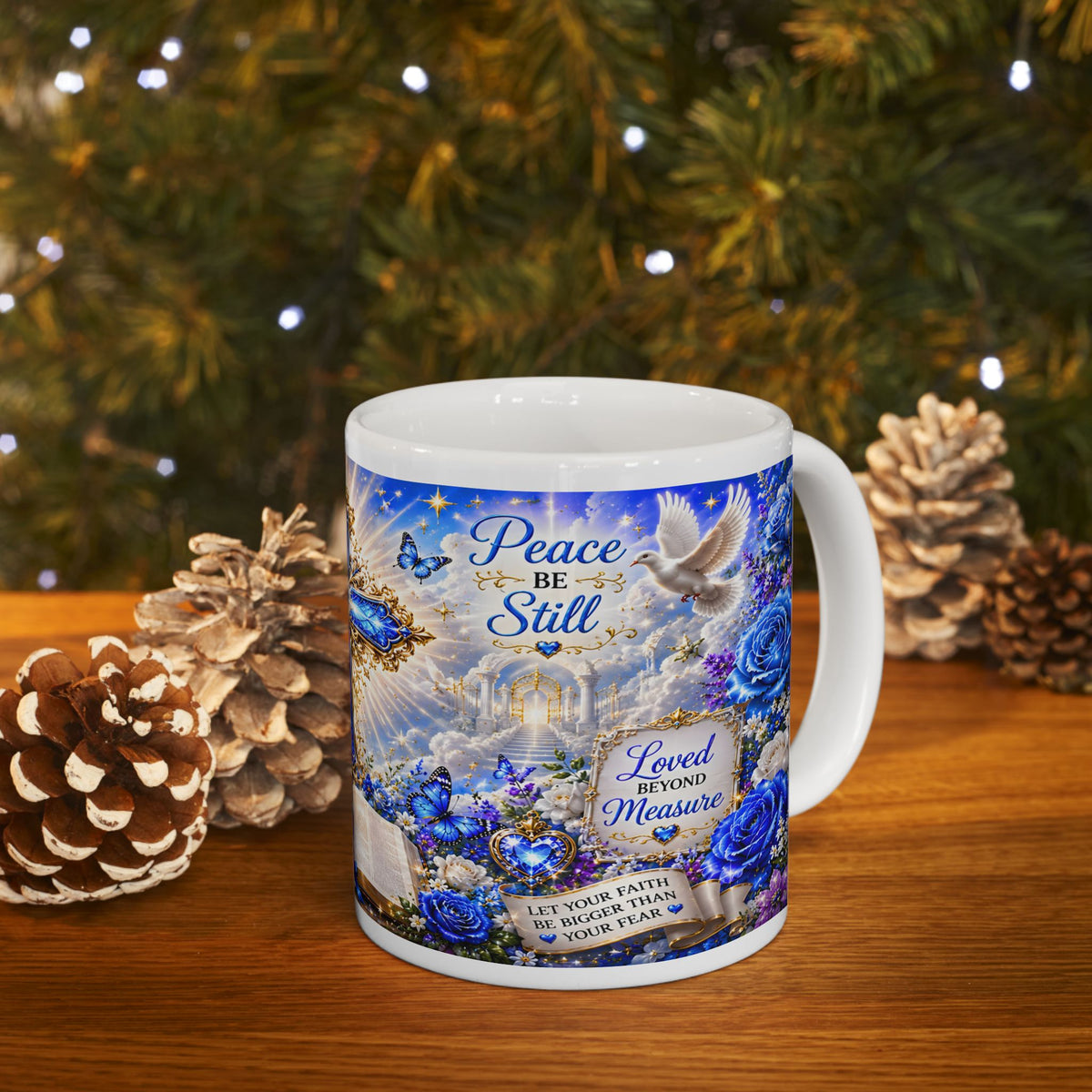 Blue Christian Cross Ceramic Mug with Bible and Floral Design