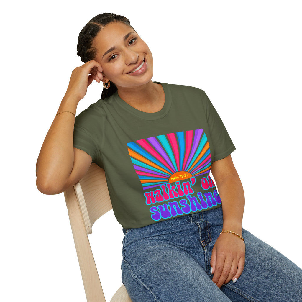 Walkin' On Sunshine Lords Glory with Lori Psalm 118:24 Retro T-Shirt — 70s Rainbow Sun Graphic Tee