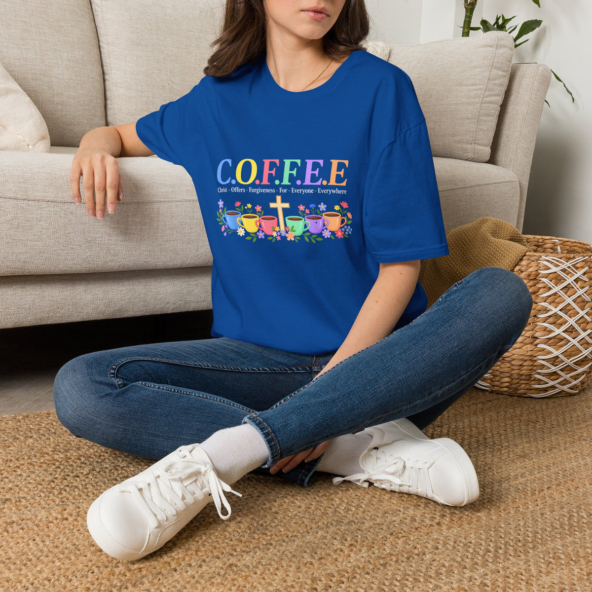 Coffee Lover Floral Graphic - C.o.f.f.e.e. (Christ - Offers - Forgiveness - For Everyone - Everywhere)  Softstyle T-Shirt