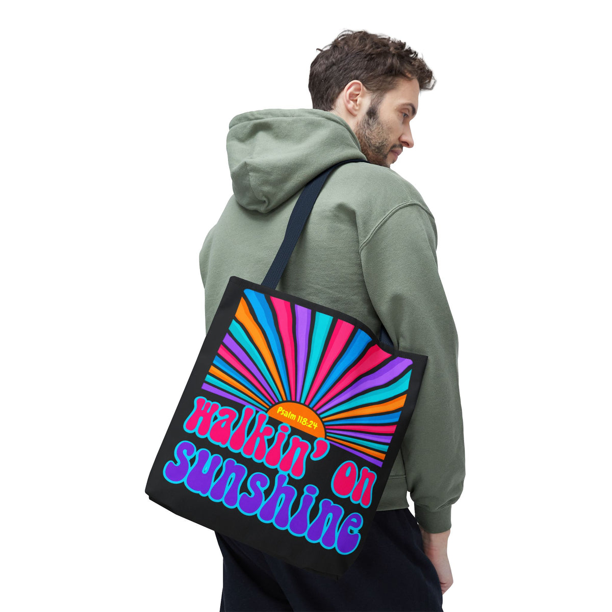 Lords Glory Sunrise Graphic Tote Bag — “Walkin' on Sunshine” Retro Psalm 118:24 Cotton AOP