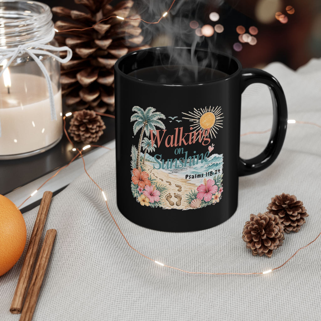 Walking on Sunshine Black Mug — Inspirational Palm Beach Coffee Cup (Psalm 118:24)