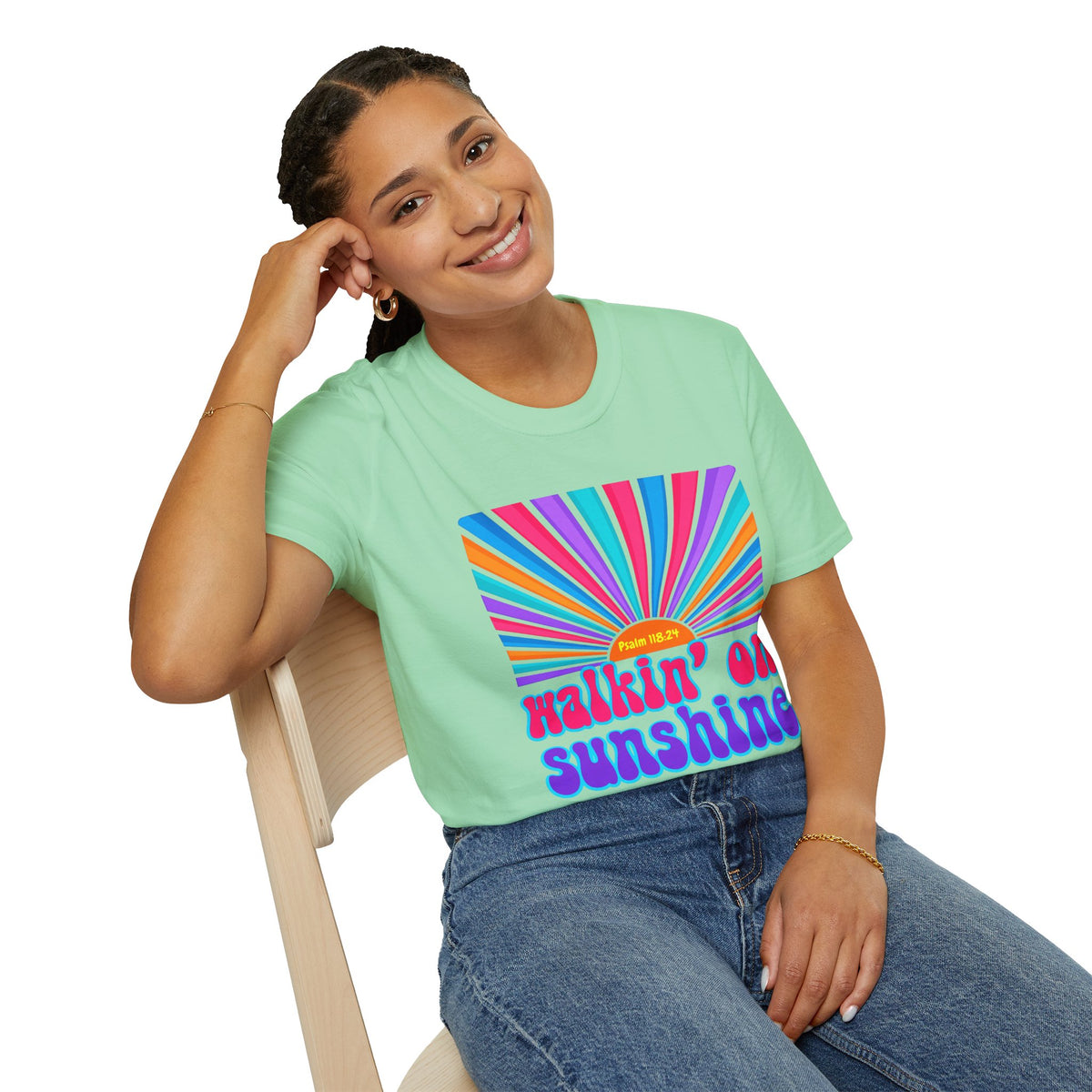 Walkin' On Sunshine Lords Glory with Lori Psalm 118:24 Retro T-Shirt — 70s Rainbow Sun Graphic Tee