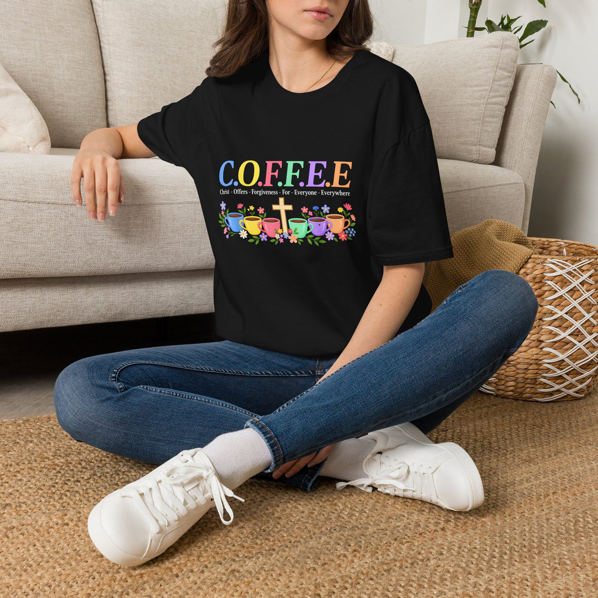 Coffee Lover Floral Graphic - C.o.f.f.e.e. (Christ - Offers - Forgiveness - For Everyone - Everywhere)  Softstyle T-Shirt