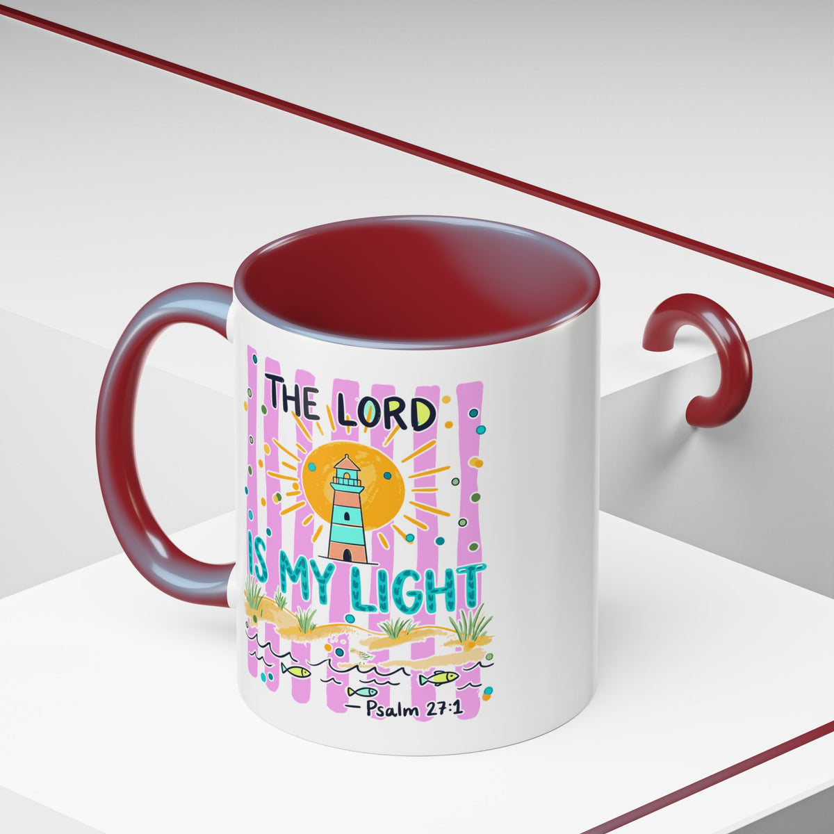 Christian Coffee Mug - "The Lord Is My Light" Lighthouse Psalm 27:1 Accent Mug