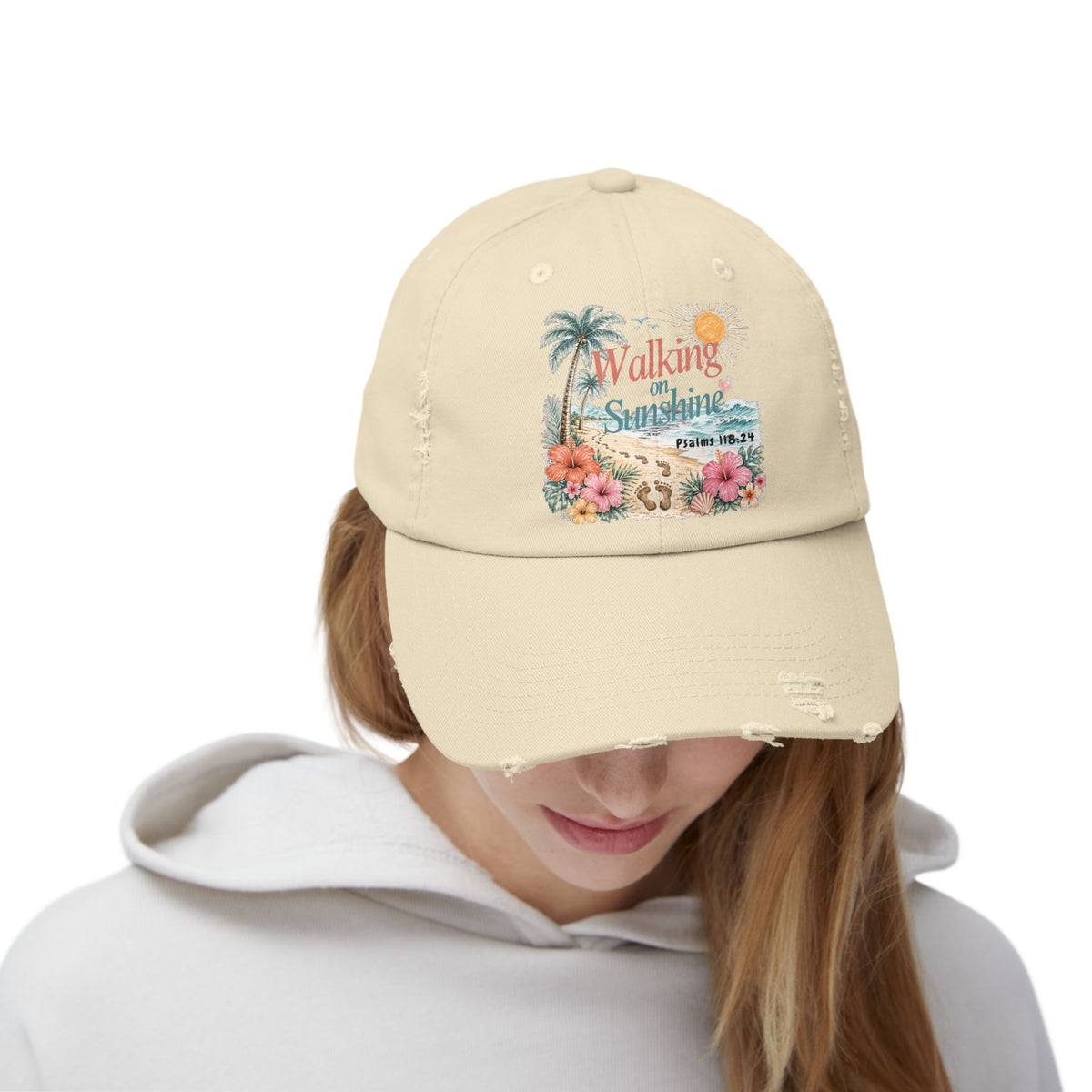 Distressed Cap — "Walk on Sunshine" Tropical Beach Baseball Hat Psalms 118:24