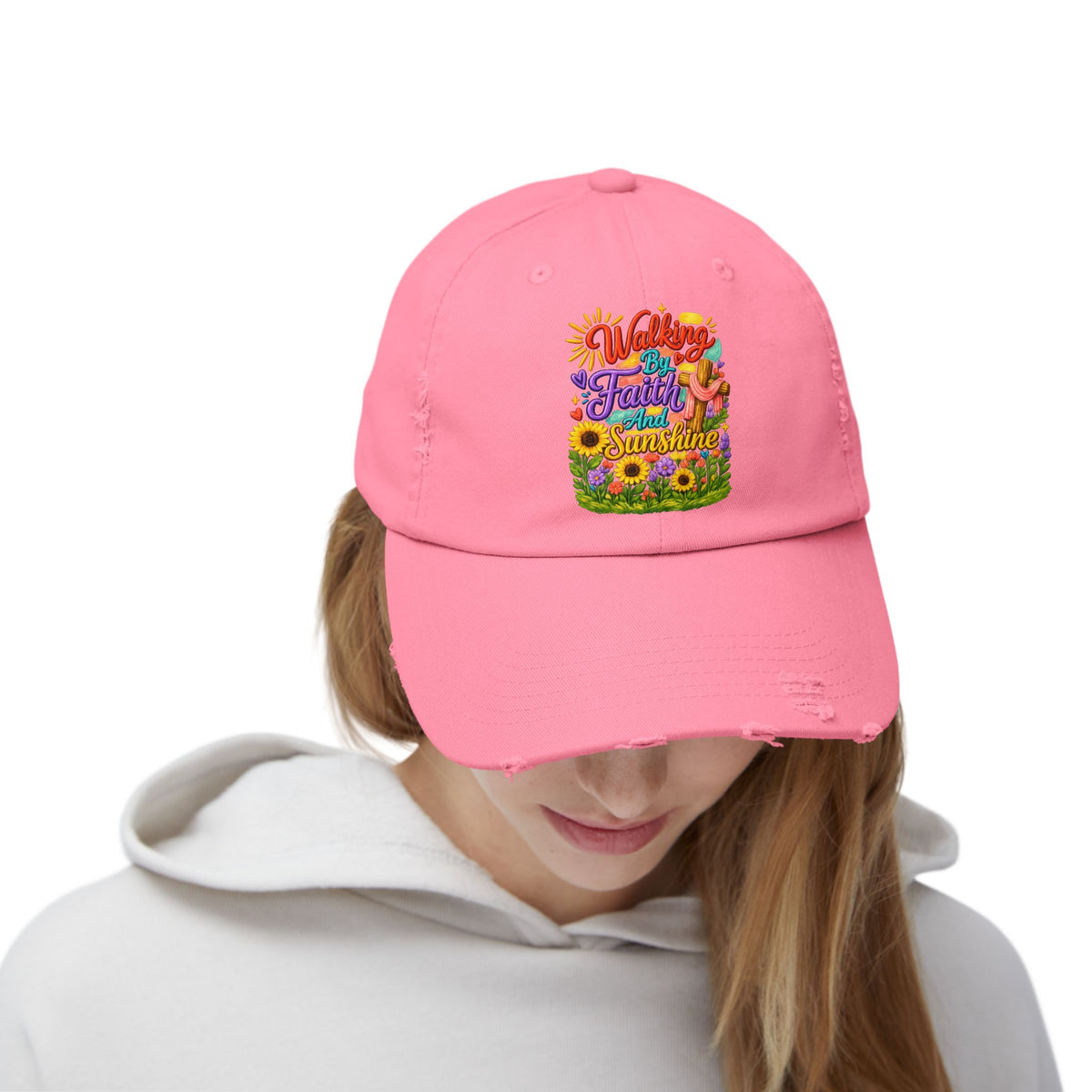 Walking by Faith and Sunshine Distressed Baseball Cap