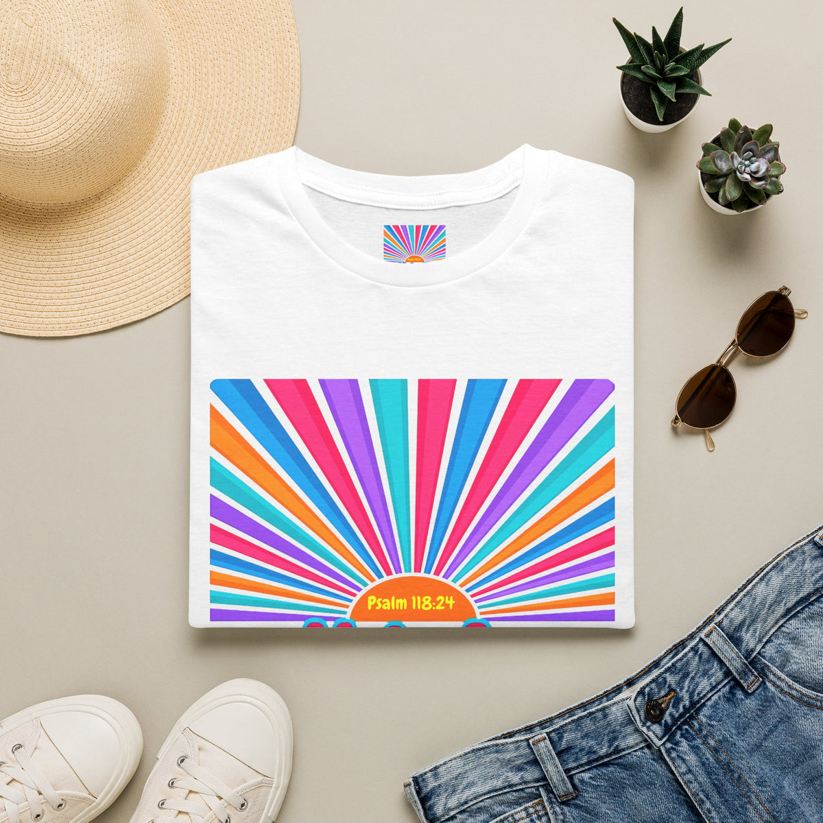 Walkin' On Sunshine Lords Glory with Lori Psalm 118:24 Retro T-Shirt — 70s Rainbow Sun Graphic Tee