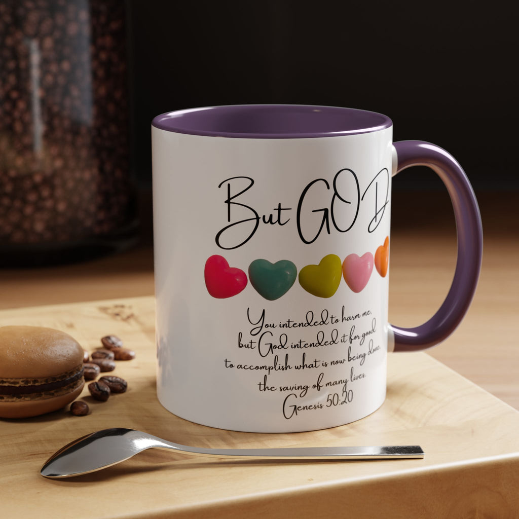 But God Scripture Coffee Mug — Genesis 50:20 Inspirational Heart Accent Mug (11/15oz)