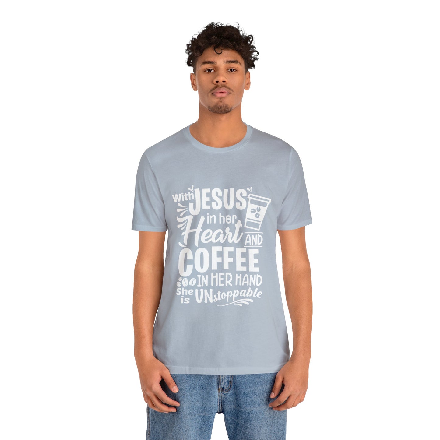 JESUS in Her Heart and Coffee - Woman's Jersey Short Sleeve Tee