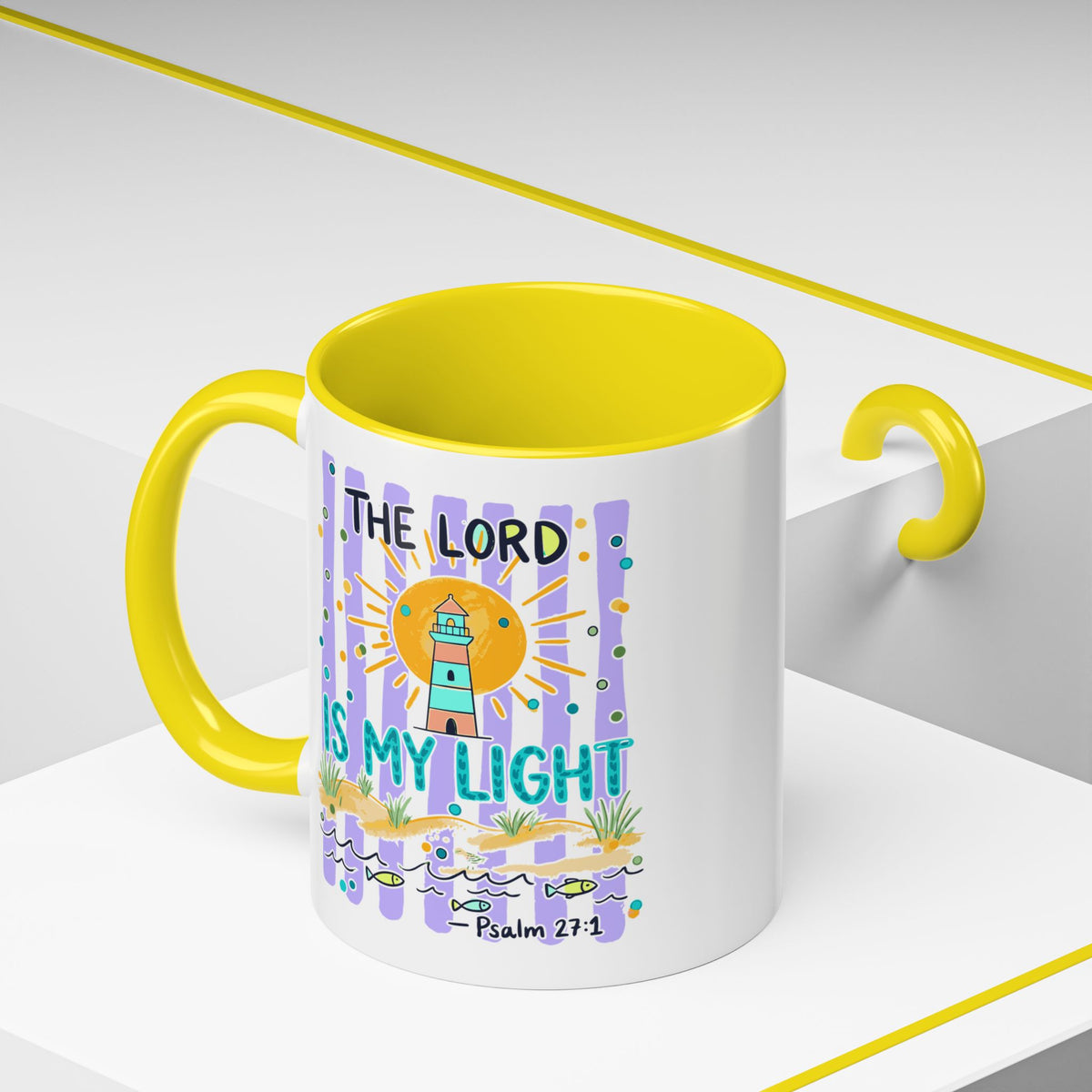 Accent Coffee Mug — “The Lord Is My Light” Lighthouse Bible Verse (Psalm 27:1)
