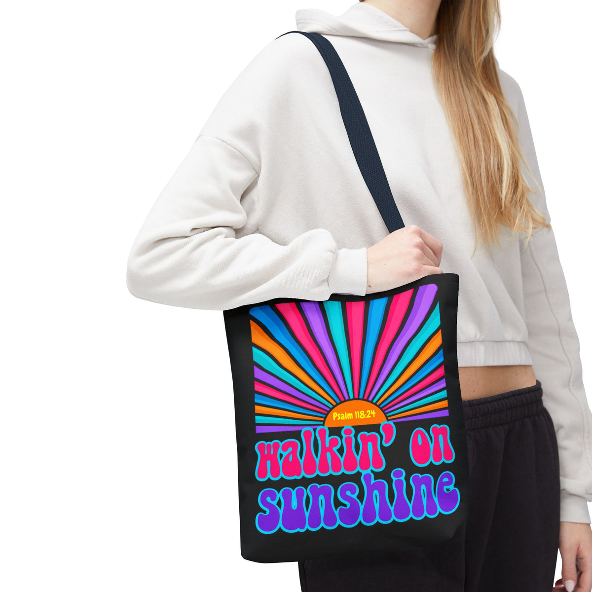 Lords Glory Sunrise Graphic Tote Bag — “Walkin' on Sunshine” Retro Psalm 118:24 Cotton AOP