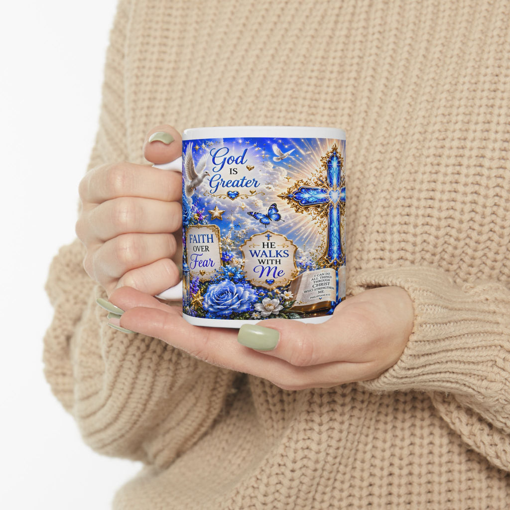 Blue Christian Cross Ceramic Mug with Bible and Floral Design