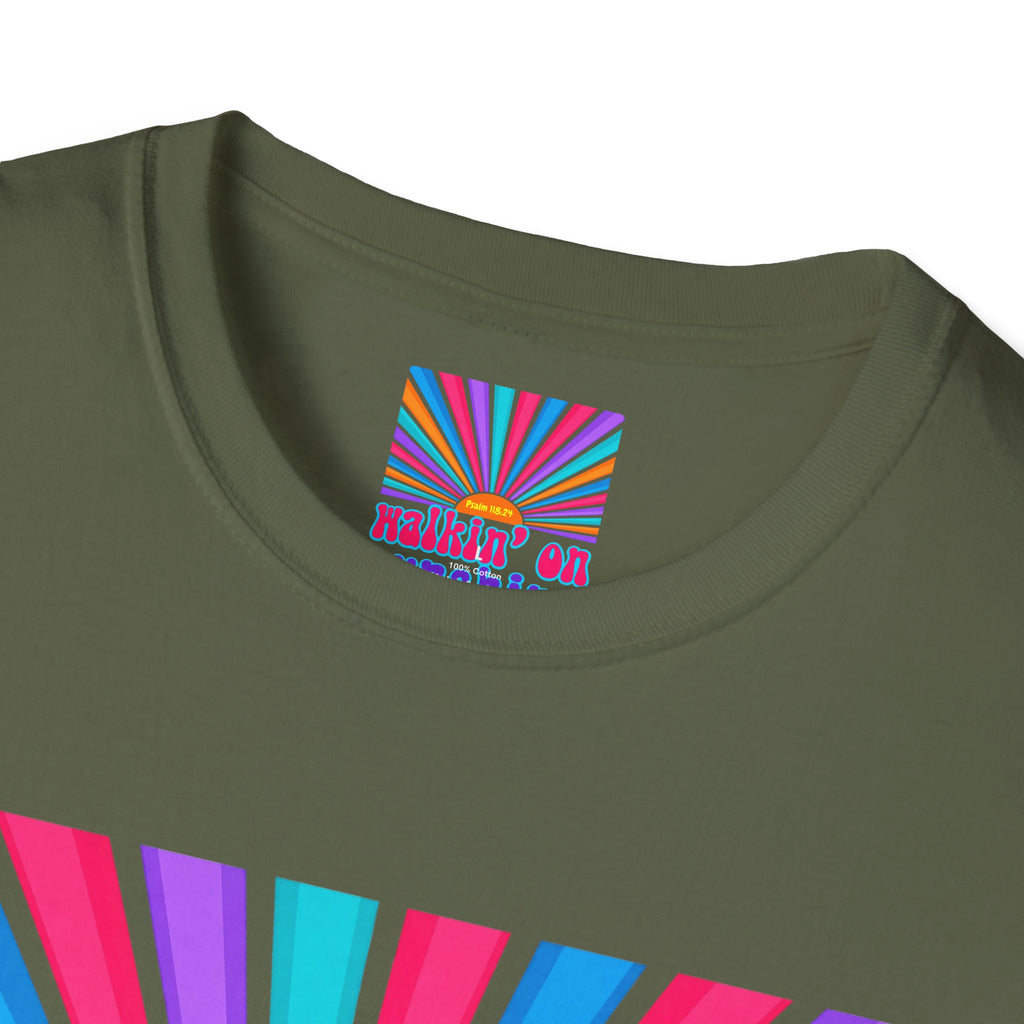 Walkin' On Sunshine Lords Glory with Lori Psalm 118:24 Retro T-Shirt — 70s Rainbow Sun Graphic Tee