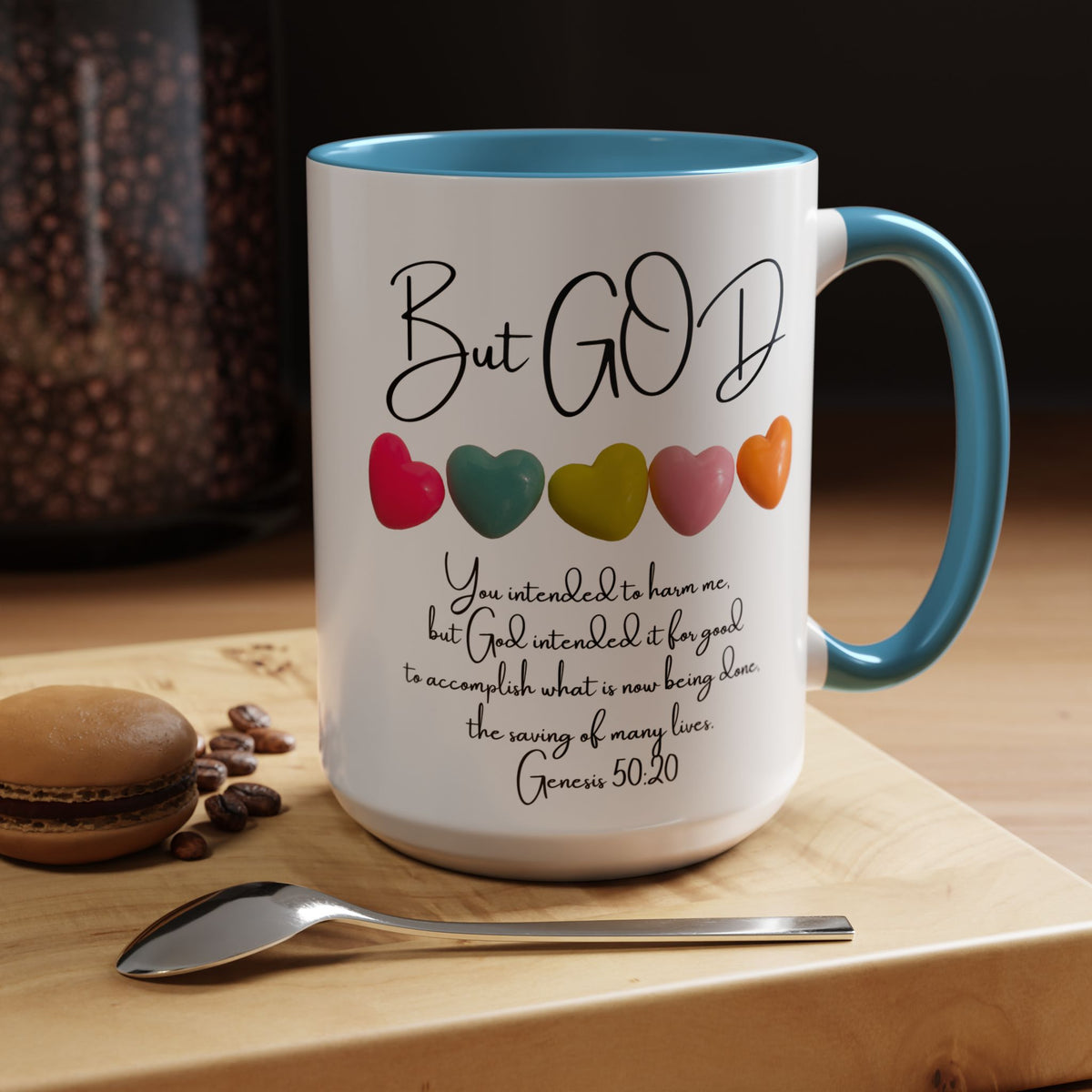 But God Scripture Coffee Mug — Genesis 50:20 Inspirational Heart Accent Mug (11/15oz)