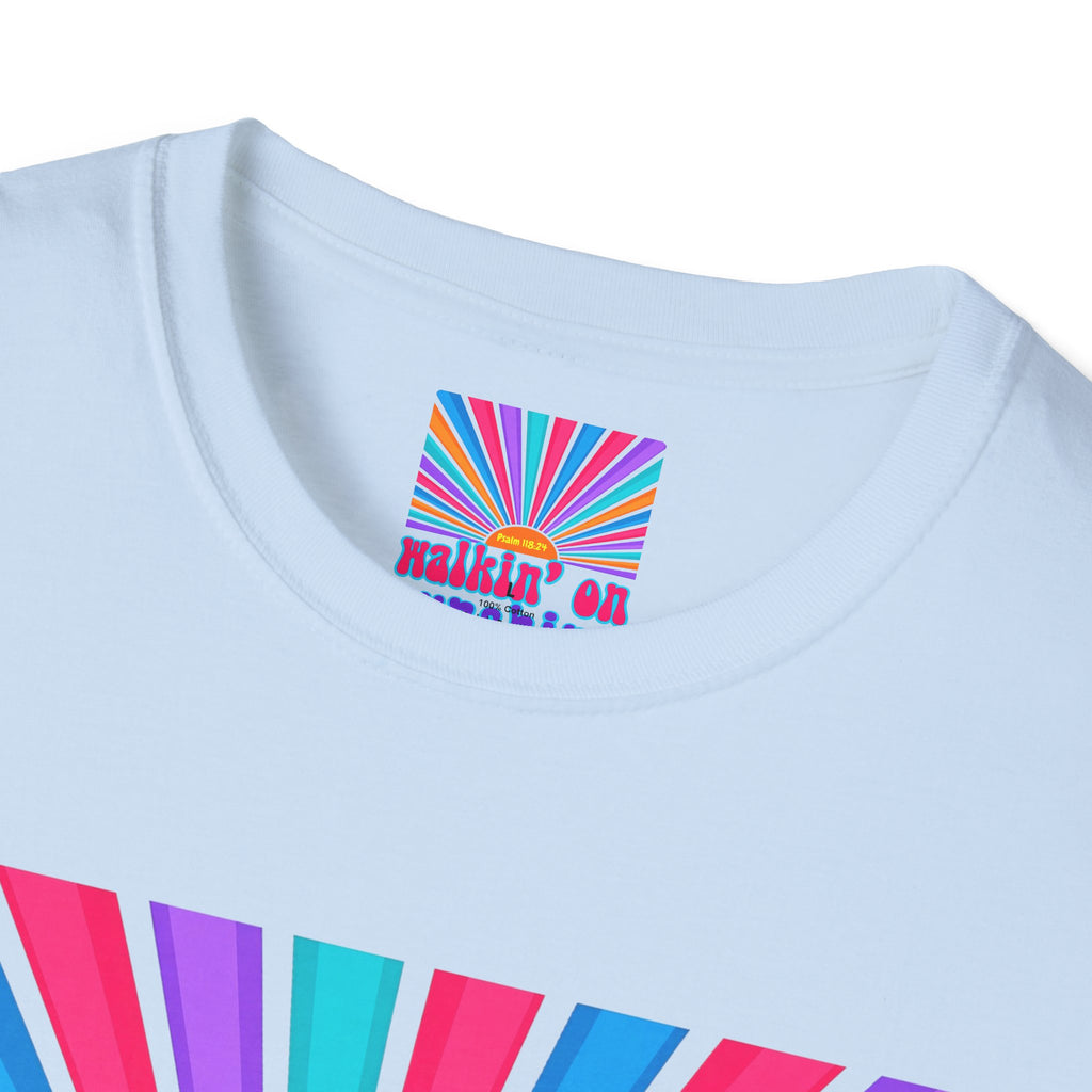 Walkin' On Sunshine Lords Glory with Lori Psalm 118:24 Retro T-Shirt — 70s Rainbow Sun Graphic Tee