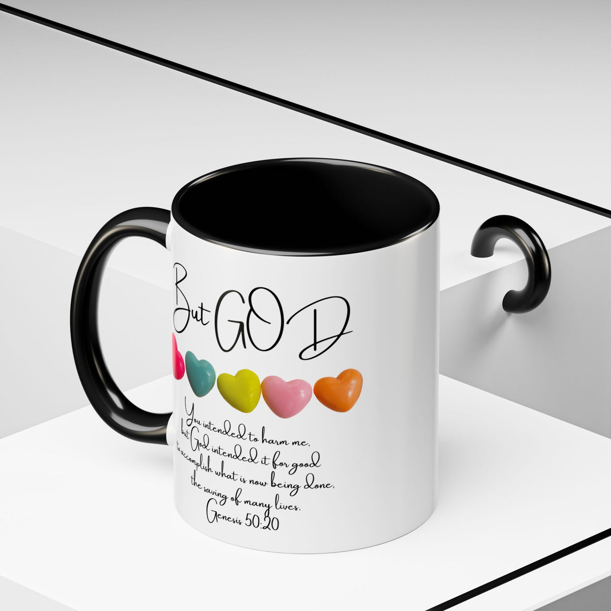 But God Scripture Coffee Mug — Genesis 50:20 Inspirational Heart Accent Mug (11/15oz)
