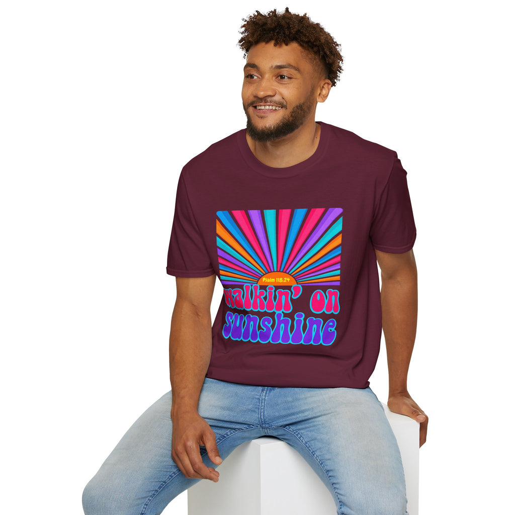 Walkin' On Sunshine Lords Glory with Lori Psalm 118:24 Retro T-Shirt — 70s Rainbow Sun Graphic Tee
