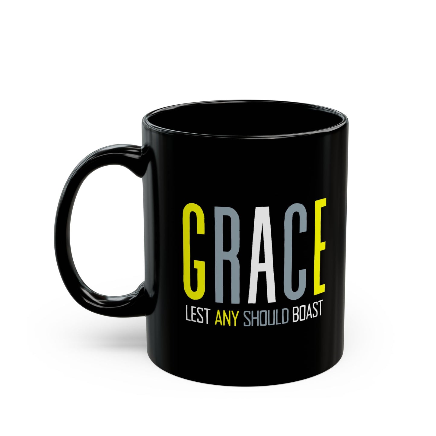 GRACE Lest Any Should Boast - 11oz Black Mug