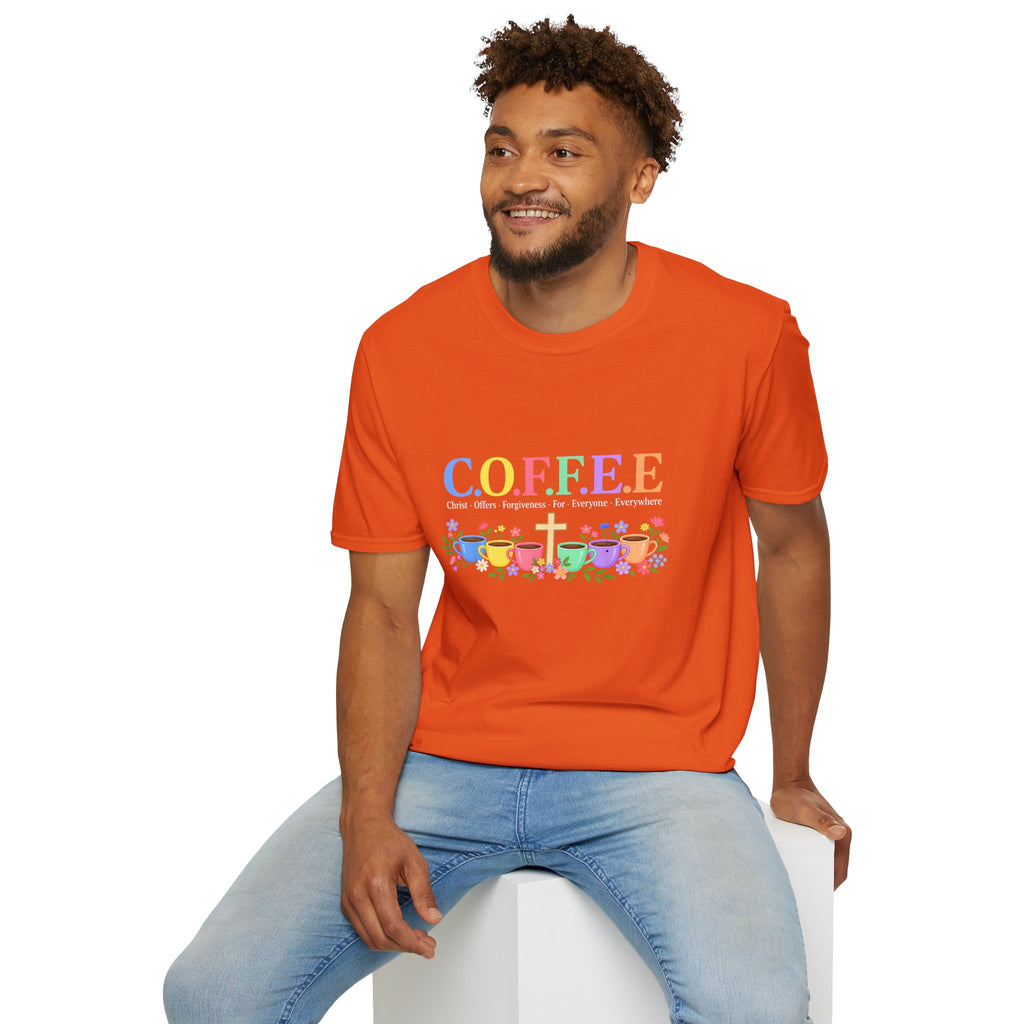 Coffee Lover Floral Graphic - C.o.f.f.e.e. (Christ - Offers - Forgiveness - For Everyone - Everywhere)  Softstyle T-Shirt