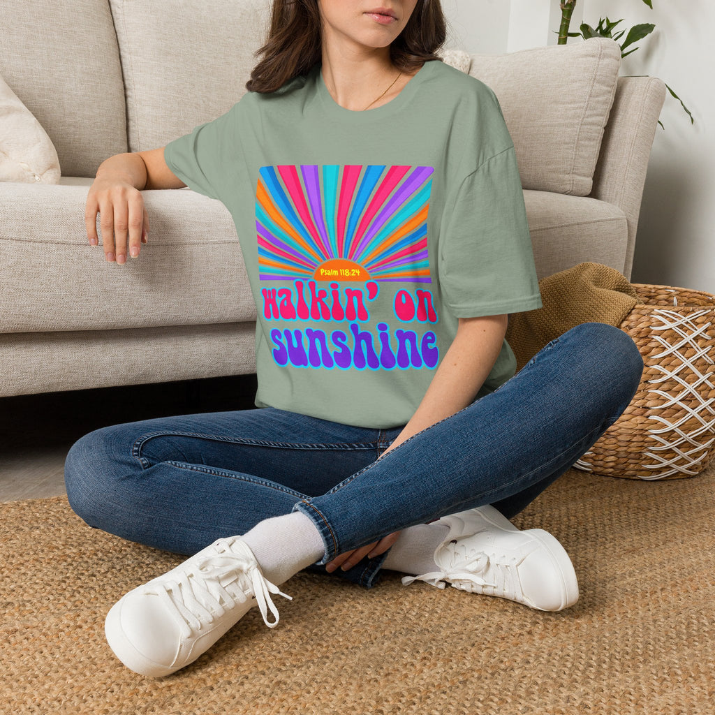 Walkin' On Sunshine Lords Glory with Lori Psalm 118:24 Retro T-Shirt — 70s Rainbow Sun Graphic Tee