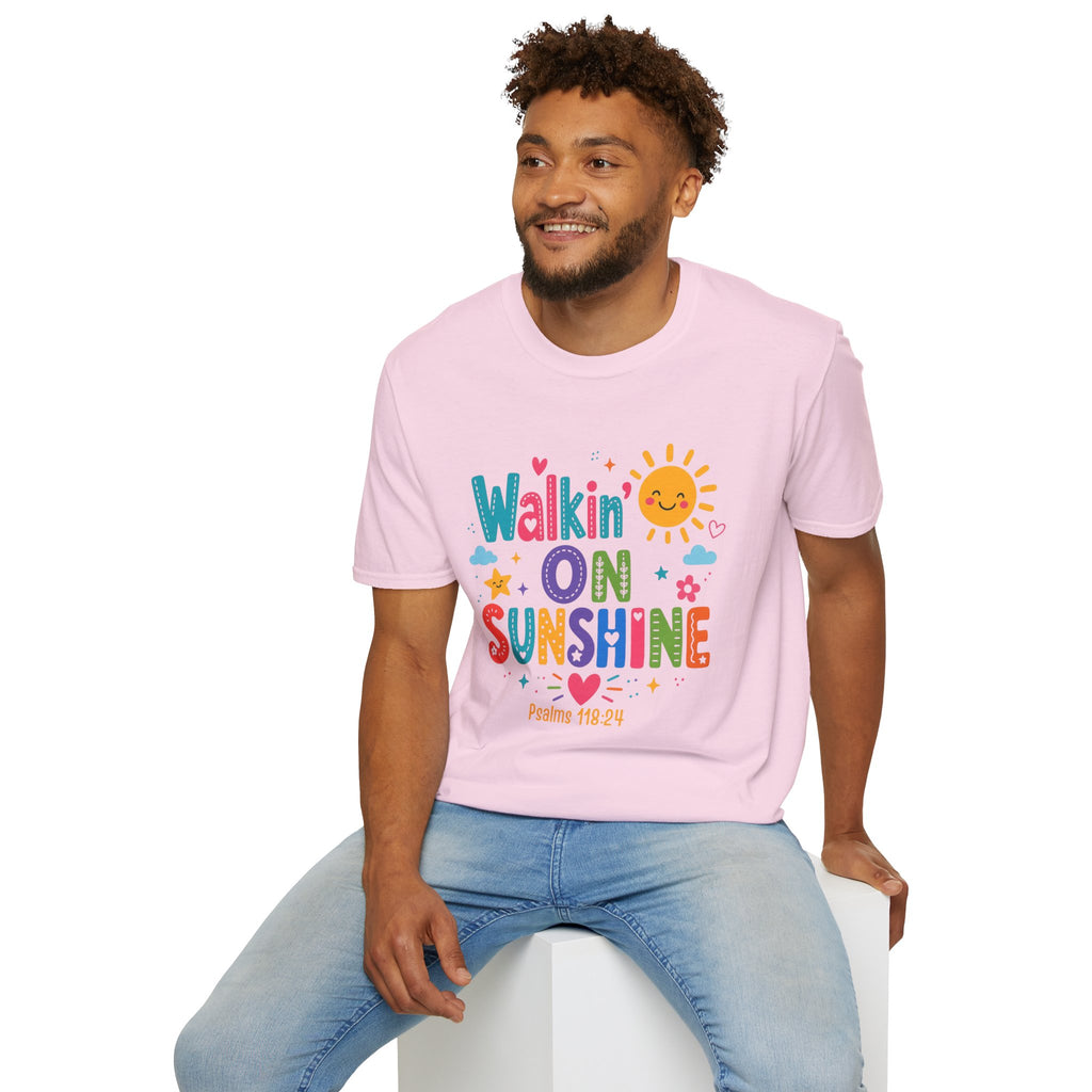T-Shirt — "Walkin' on Sunshine" Bright Retro Sun Graphic Tee ‭‭Psalms‬ ‭118‬:‭24‬ ‭