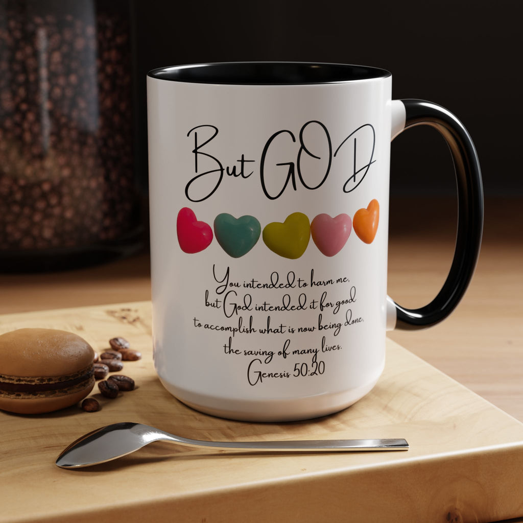 But God Scripture Coffee Mug — Genesis 50:20 Inspirational Heart Accent Mug (11/15oz)