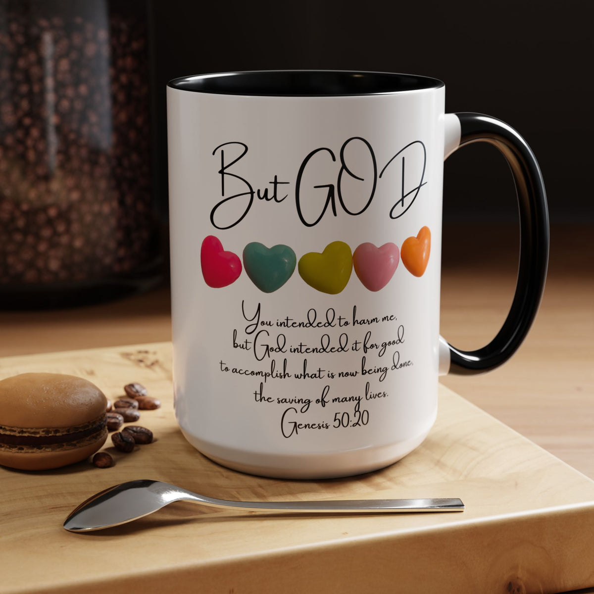 But God Scripture Coffee Mug — Genesis 50:20 Inspirational Heart Accent Mug (11/15oz)