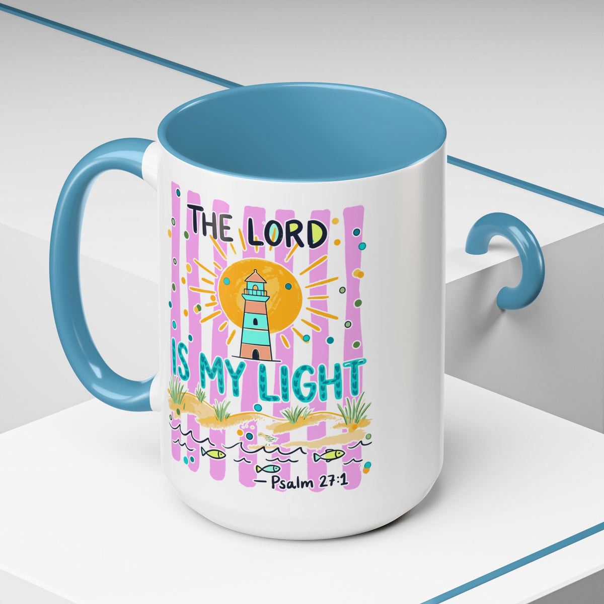 Christian Coffee Mug - "The Lord Is My Light" Lighthouse Psalm 27:1 Accent Mug