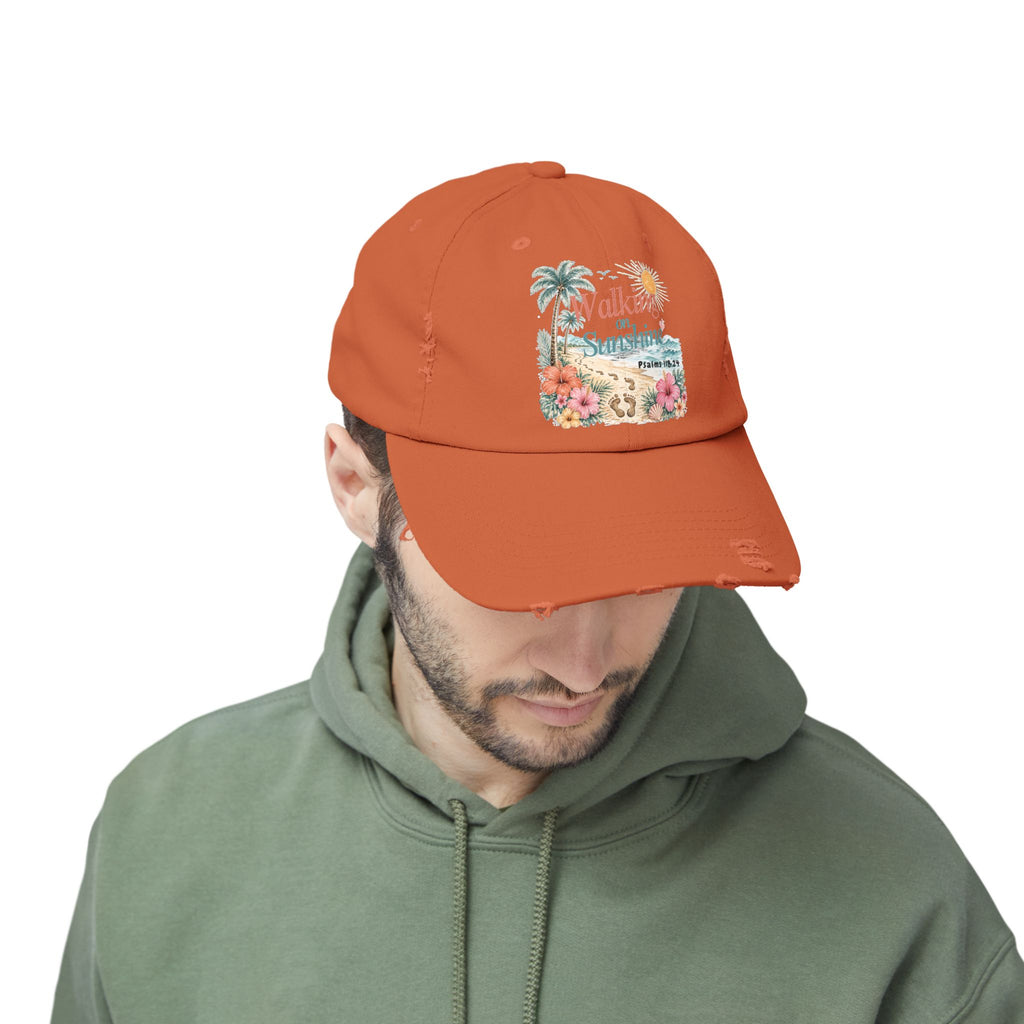 Distressed Cap — "Walk on Sunshine" Tropical Beach Baseball Hat Psalms 118:24