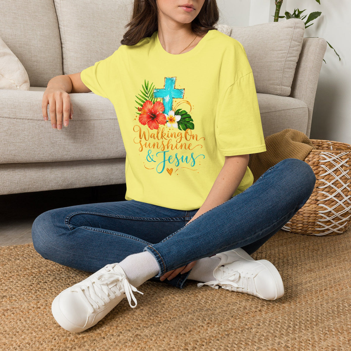 Walking on Sunshine & Jesus Floral Cross T-Shirt
