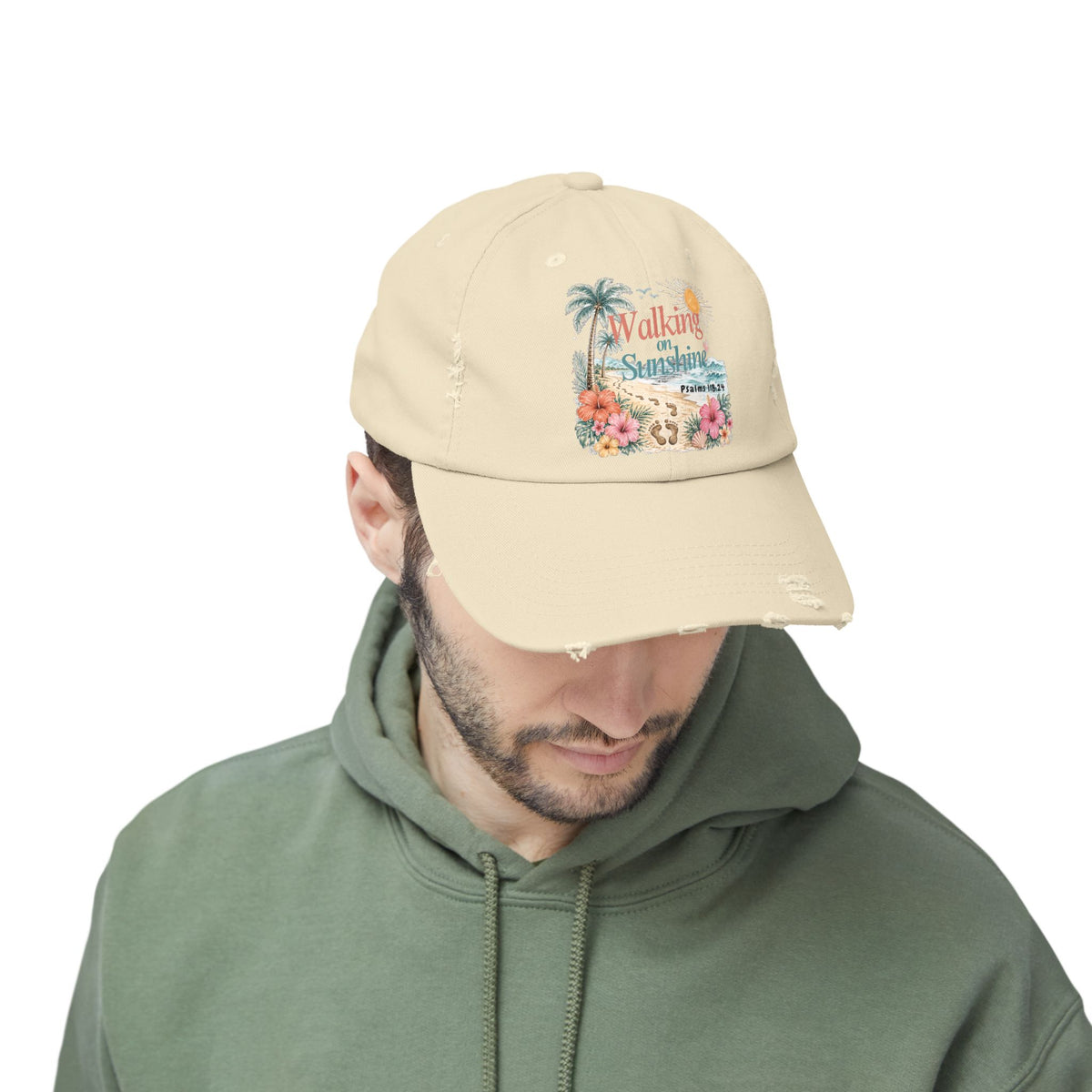 Distressed Cap — "Walk on Sunshine" Tropical Beach Baseball Hat Psalms 118:24