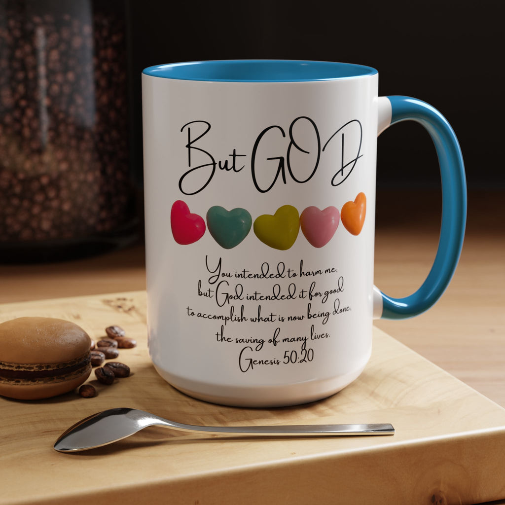 But God Scripture Coffee Mug — Genesis 50:20 Inspirational Heart Accent Mug (11/15oz)