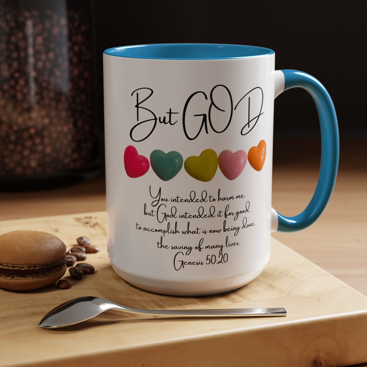 But God Scripture Coffee Mug — Genesis 50:20 Inspirational Heart Accent Mug (11/15oz)