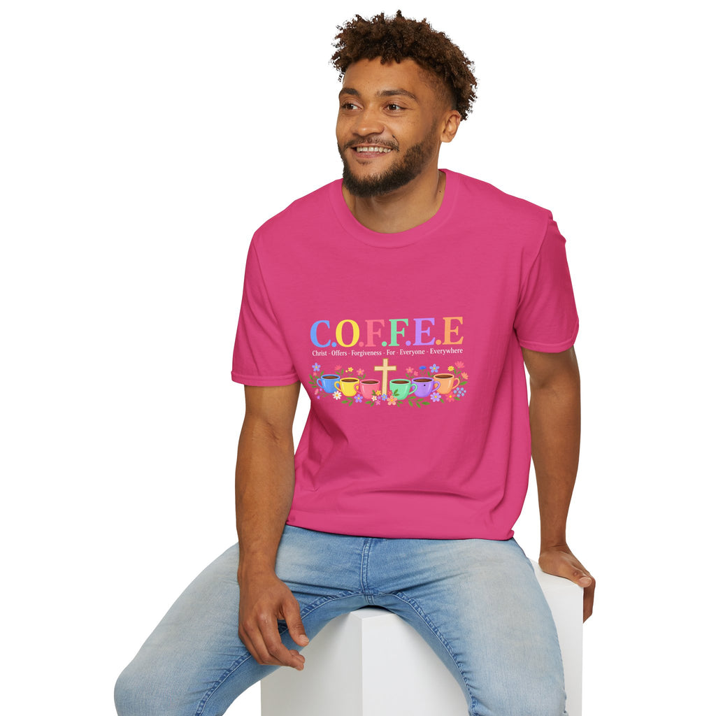 Coffee Lover Floral Graphic - C.o.f.f.e.e. (Christ - Offers - Forgiveness - For Everyone - Everywhere)  Softstyle T-Shirt