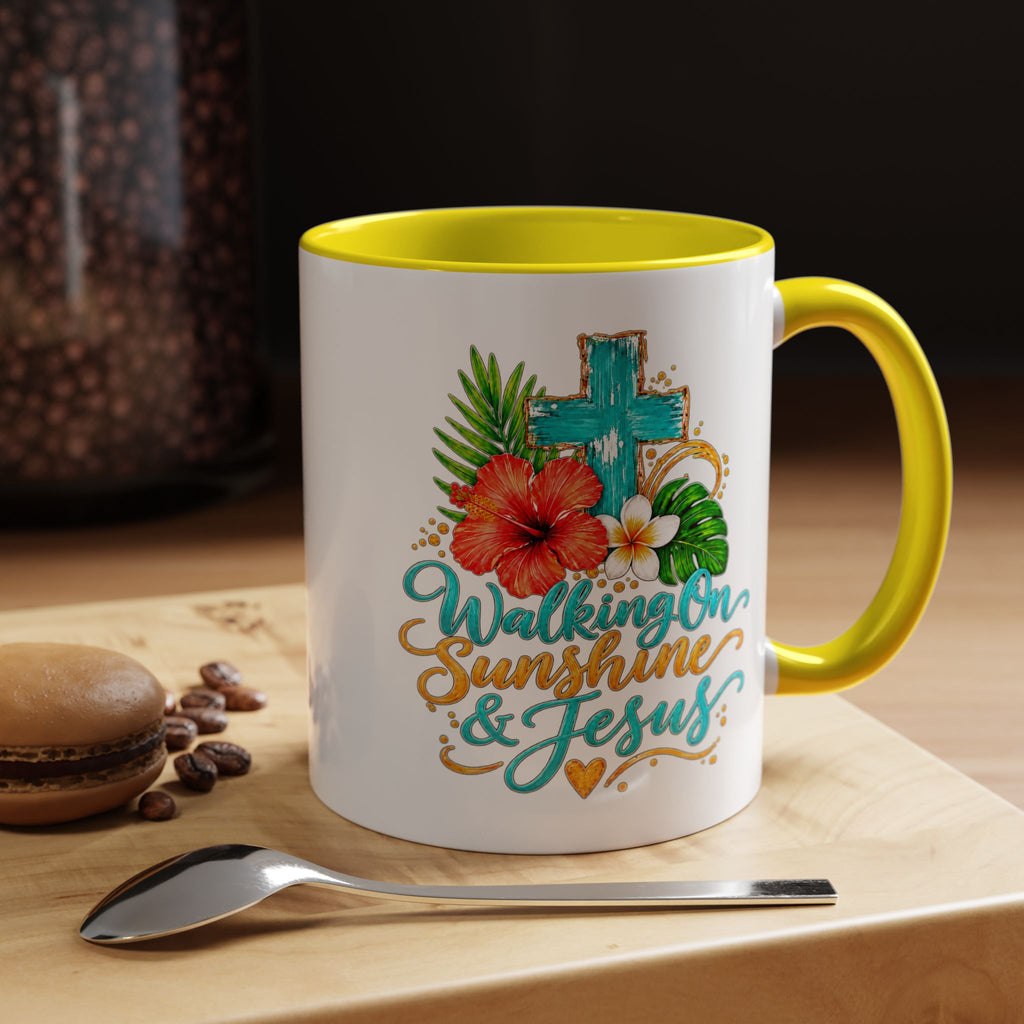 Walking on Sunshine & Jesus Coffee Mug – Floral Cross Accent Mug