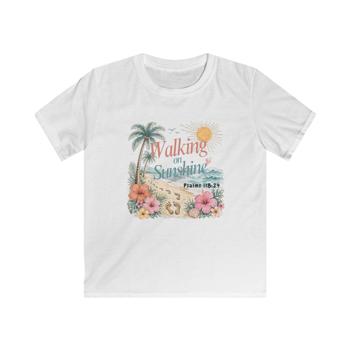 Kids Tee — "Walking in Sunshine" Floral Palm Beach Christian T‑Shirt (Psalm 118:24)