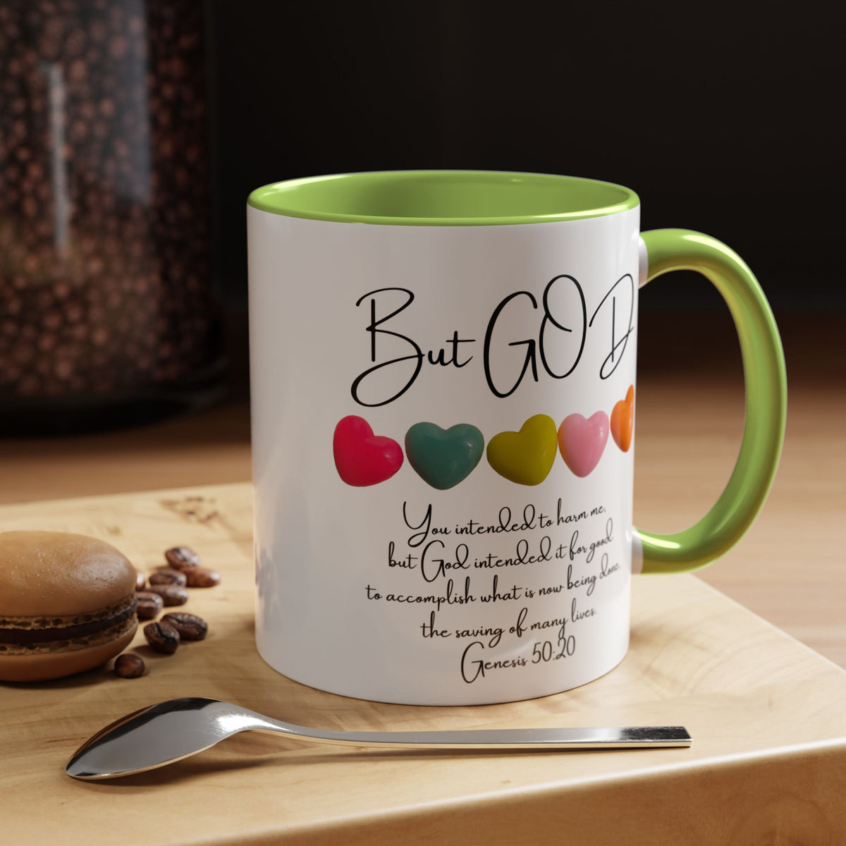 But God Scripture Coffee Mug — Genesis 50:20 Inspirational Heart Accent Mug (11/15oz)