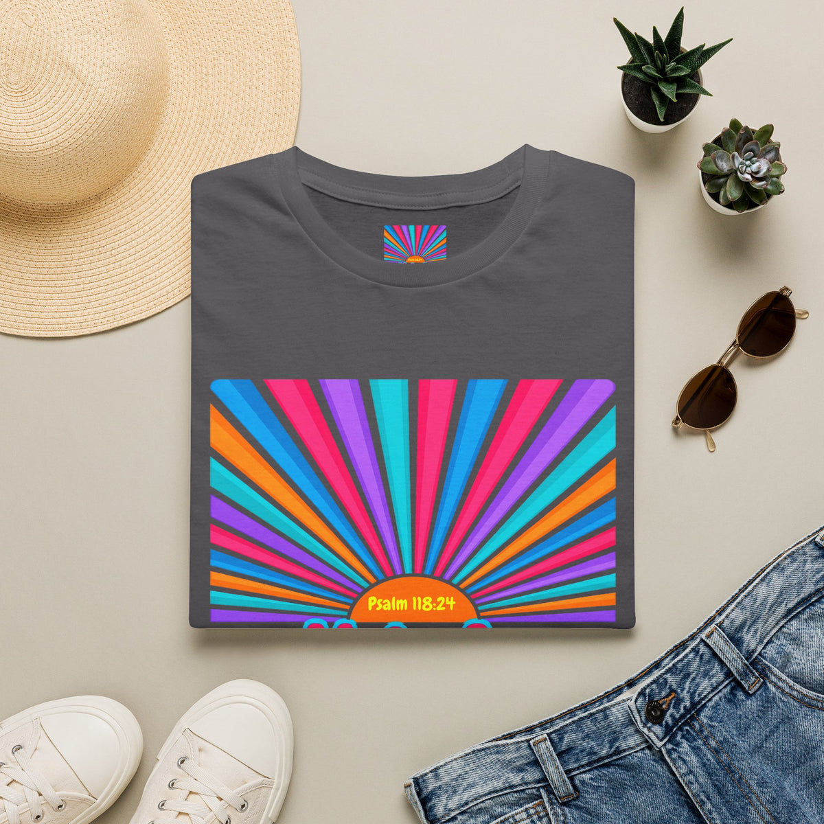 Walkin' On Sunshine Lords Glory with Lori Psalm 118:24 Retro T-Shirt — 70s Rainbow Sun Graphic Tee