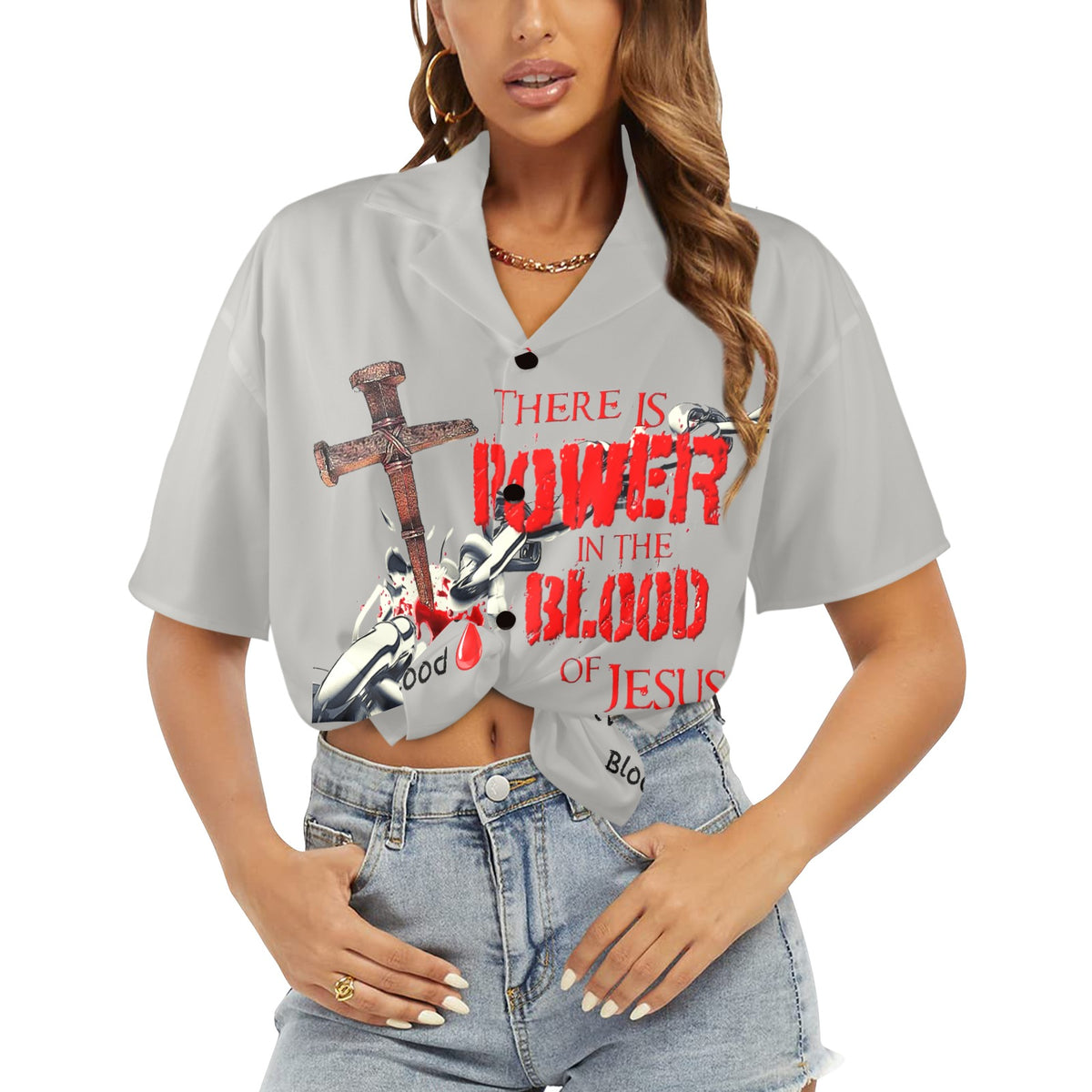 There is Power in the Blood of Jesus Women's All Over Print Hawaiian Shirt （Made in USA Ships to USA Only）