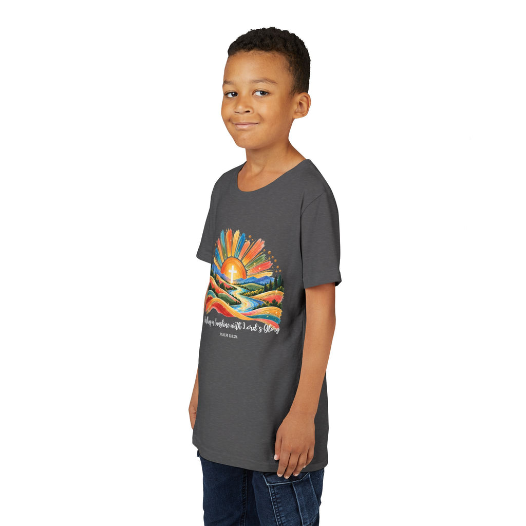 Youth Short Sleeve Tee – Walking On Sunshine with Lords Colorful Christian Sunrise Faith Shirt
