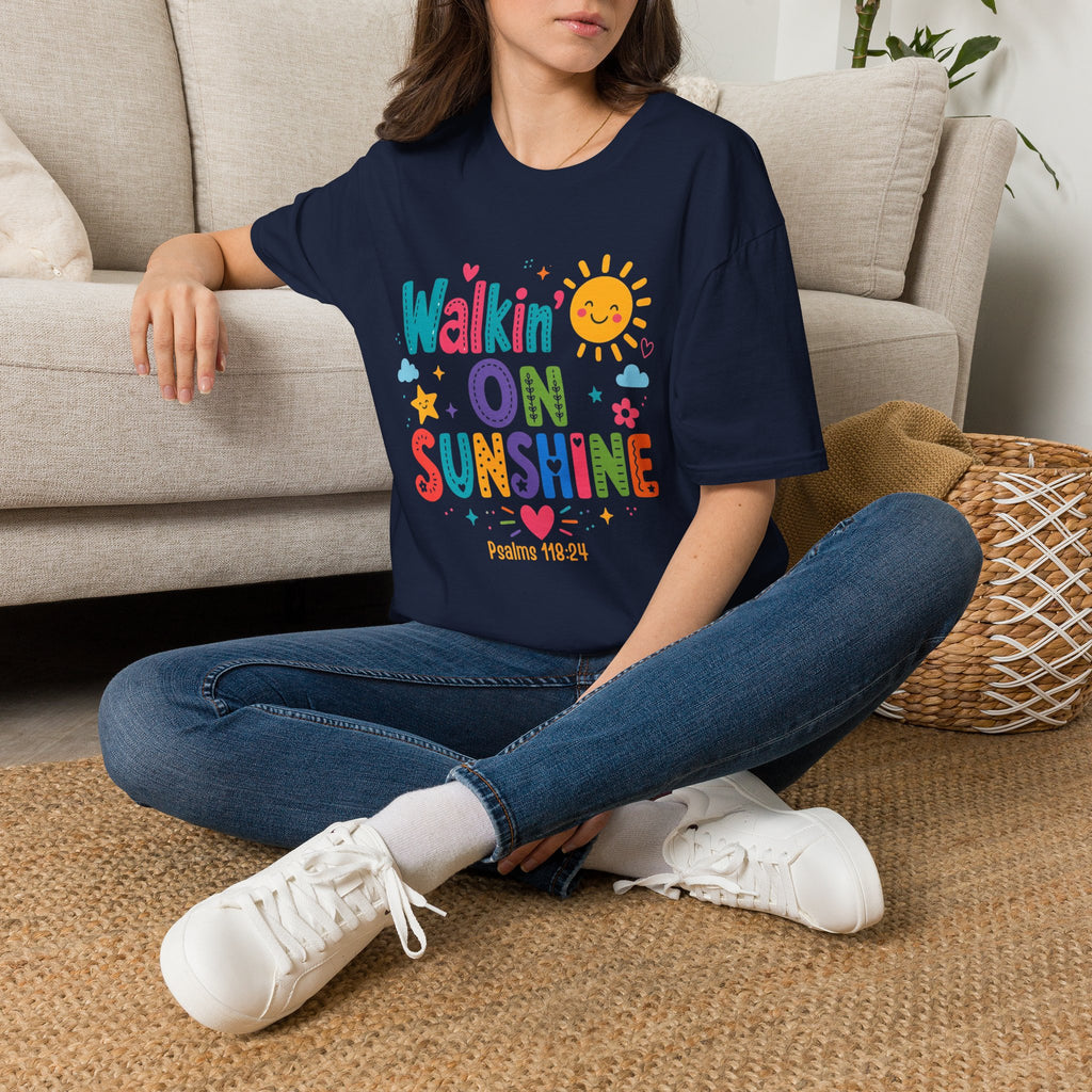 T-Shirt — "Walkin' on Sunshine" Bright Retro Sun Graphic Tee ‭‭Psalms‬ ‭118‬:‭24‬ ‭