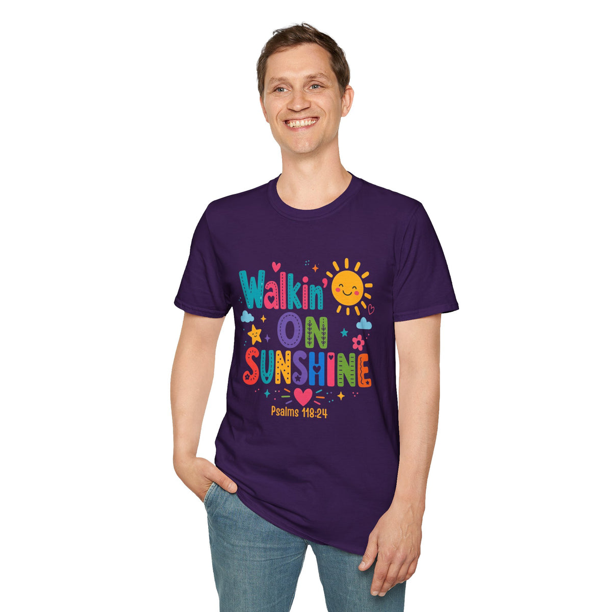 T-Shirt — "Walkin' on Sunshine" Bright Retro Sun Graphic Tee ‭‭Psalms‬ ‭118‬:‭24‬ ‭