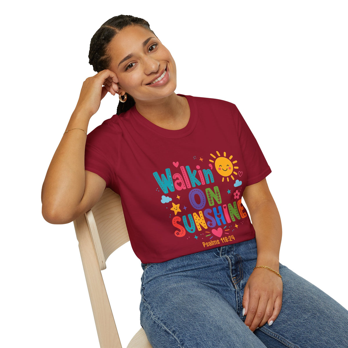 T-Shirt — "Walkin' on Sunshine" Bright Retro Sun Graphic Tee ‭‭Psalms‬ ‭118‬:‭24‬ ‭