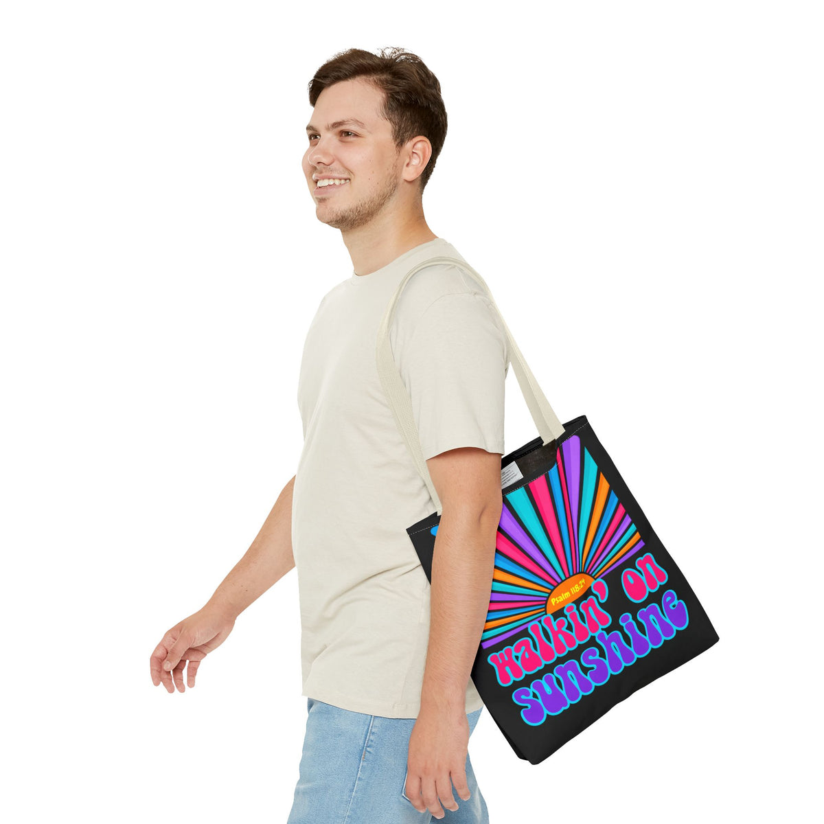 Lords Glory Sunrise Graphic Tote Bag — “Walkin' on Sunshine” Retro Psalm 118:24 Cotton AOP