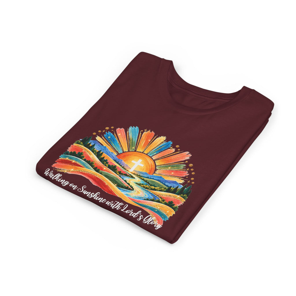 Youth Short Sleeve Tee – Walking On Sunshine with Lords Colorful Christian Sunrise Faith Shirt