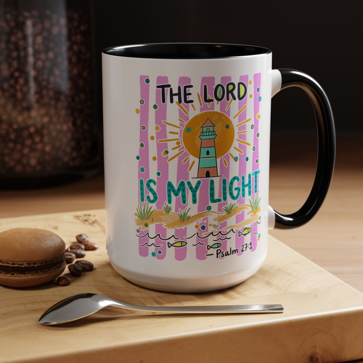 Christian Coffee Mug - "The Lord Is My Light" Lighthouse Psalm 27:1 Accent Mug