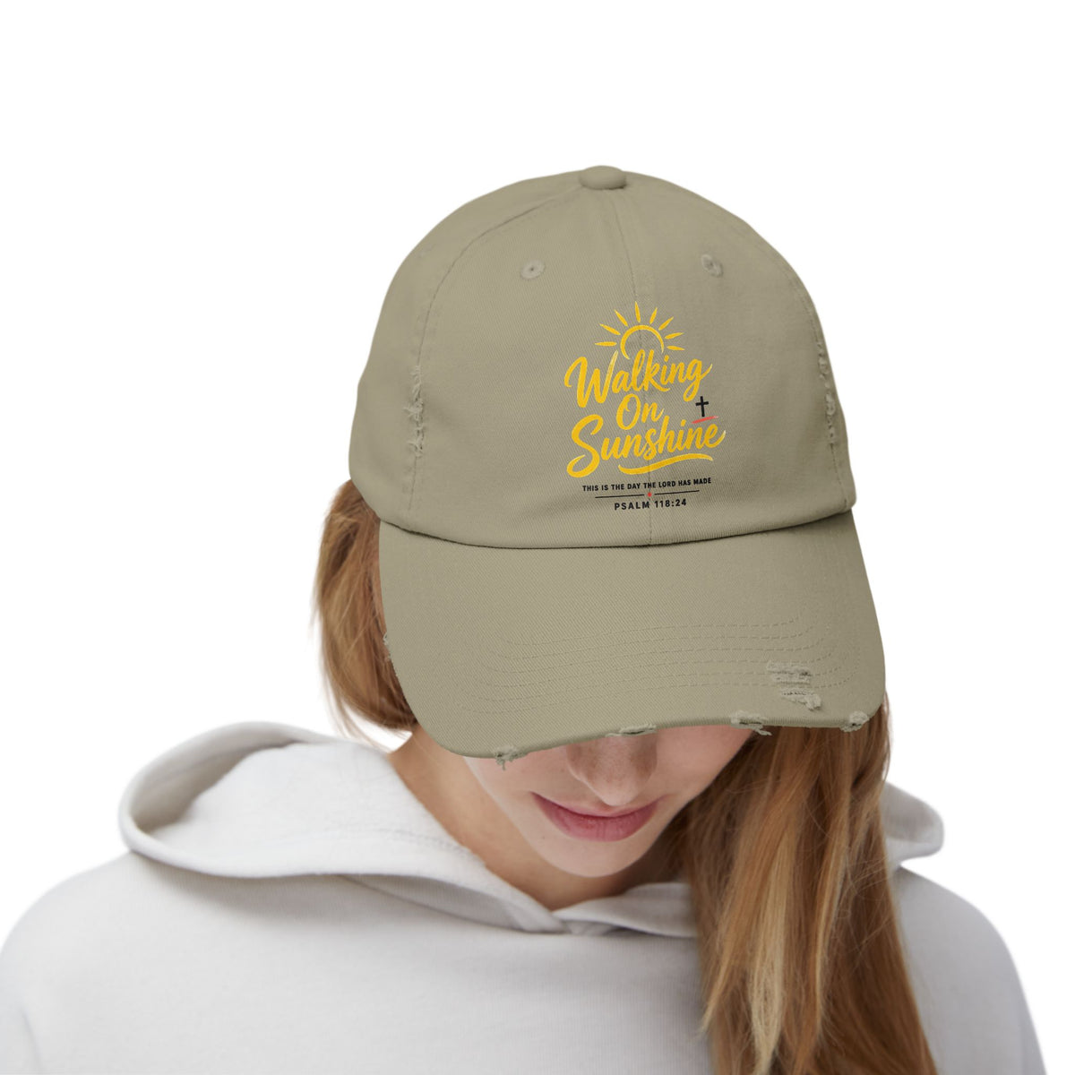 Walking on Sunshine Distressed Cap – Christian Sunshine Baseball Hat (Psalm 118:24)
