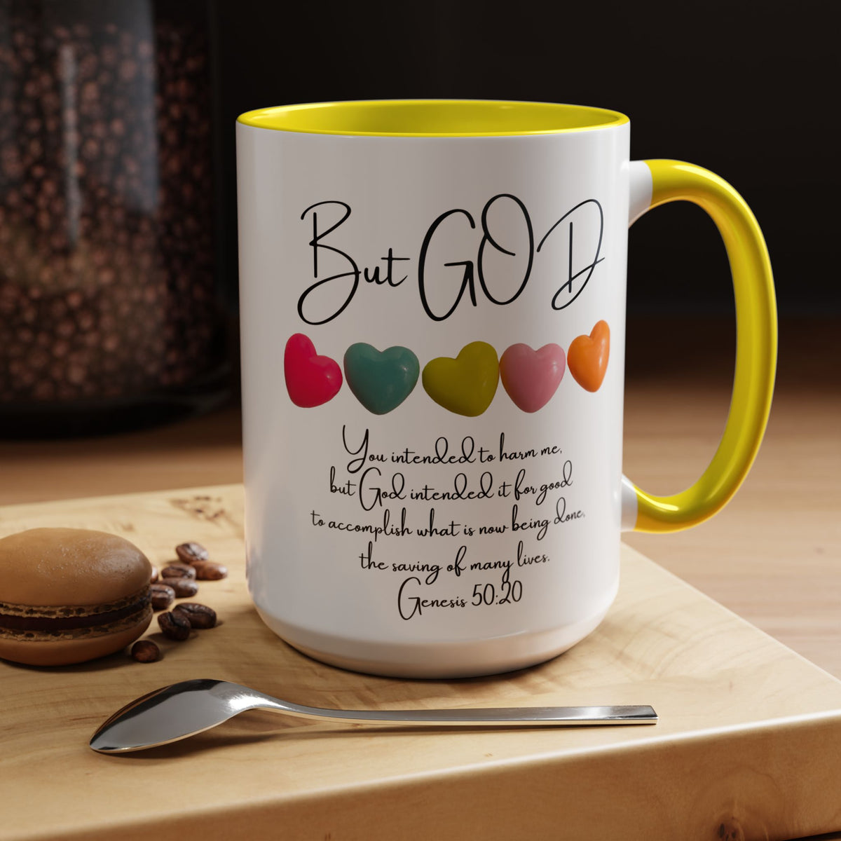 But God Scripture Coffee Mug — Genesis 50:20 Inspirational Heart Accent Mug (11/15oz)